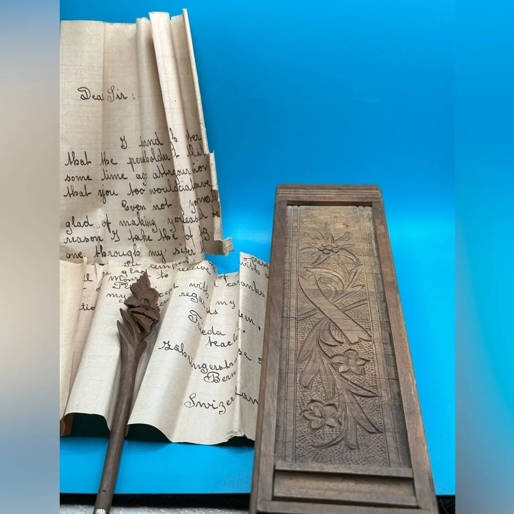 Vintage Swiss hand carved wood pen box and pen includes handwritten letter, folk